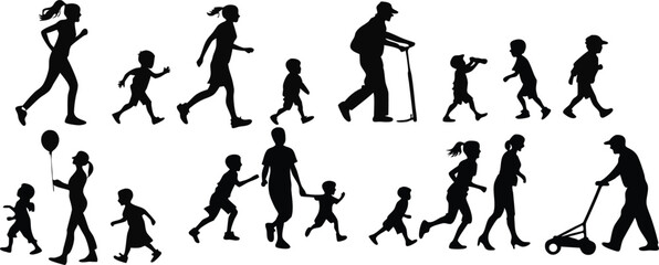 Silhouettes, people walking and running, diverse ages, family groups, children playing, adults exercising, dynamic poses, black and white, minimalist design, continuous line of figures, active lifesty