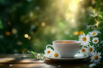 Fototapeta premium Tea and flowers in natural morning light