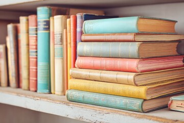 Fototapeta premium Closed and Dusty Diversity-Themed Notebook Resting on a Shelf With Various Vintage Books
