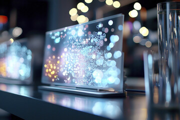Obraz premium modern display showcasing vibrant digital projection with colorful lights and bokeh effects, creating dynamic atmosphere