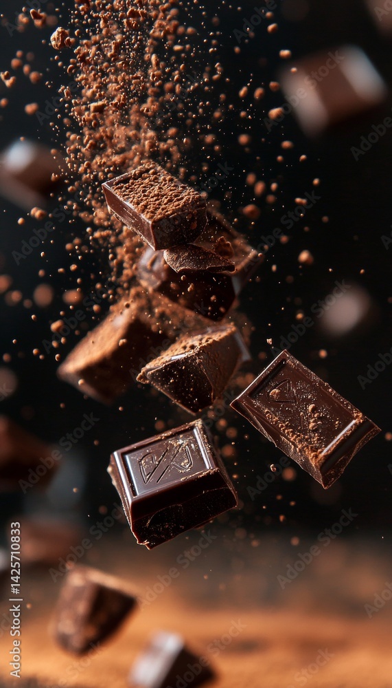Poster dark chocolate bars and shards exploding in mid air with cocoa powder dust cloud, on dark background