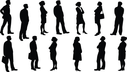 silhouettes, group of people, diverse poses, walking figures, standing figures, black and white, minimalist design, side view, front view, back view, human outlines, urban crowd, lifestyle illustratio