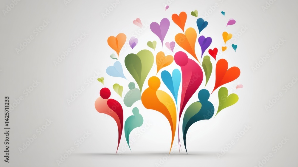 Poster colorful hug icon created with abstract human shapes and vibrant hearts depicting unity and love in 