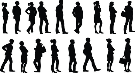 silhouettes, group of people, diverse poses, walking figures, standing figures, black and white, minimalist design, side view, front view, back view, human outlines, urban crowd, lifestyle illustratio