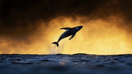 Fototapeta premium humpback whale leaps gracefully out of water against stunning sunset backdrop, creating breathtaking scene