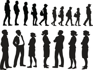 silhouettes, group of people, diverse poses, walking figures, standing figures, black and white, minimalist design, side view, front view, back view, human outlines, urban crowd, lifestyle illustratio
