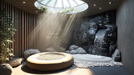 A tranquil meditation space with a circular skylight flooding sunlight onto a comfortable round cushion below
