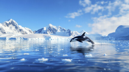 powerful orca breaching in Arctic waters, surrounded by stunning icy mountains and clear blue sky, evokes awe
