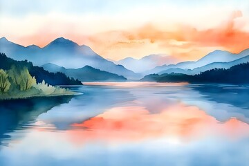 Serene Mountain Lake at Sunset in Watercolor, Generative AI