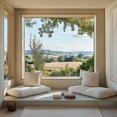 A tranquil meditation nook framed into a bay window overlooking a serene landscape beyond