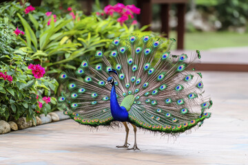 vibrant peacock displays its stunning feathers in lush garden, showcasing its beauty and elegance