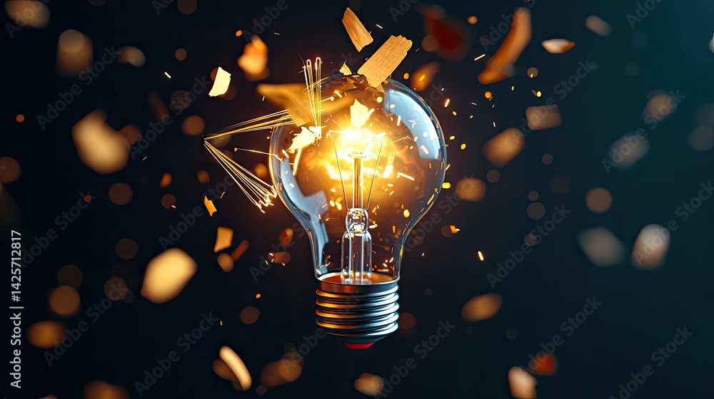 Aufkleber explosion of lightbulb with creativity and crash effect concept. a broken light bulb with glowing fr