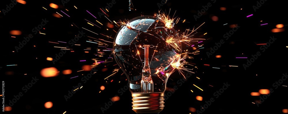 Poster explosion of lightbulb with creativity and crash effect concept. an exploded light bulb creating col