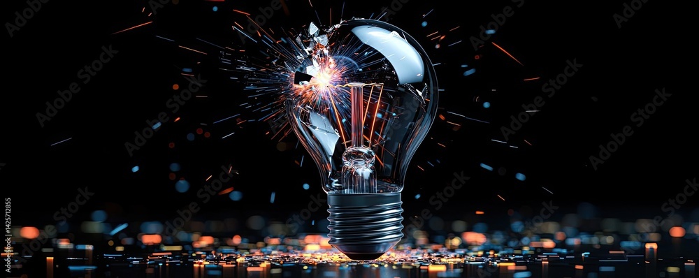 Aufkleber explosion of lightbulb with creativity and crash effect concept. a shattered light bulb symbolizing 
