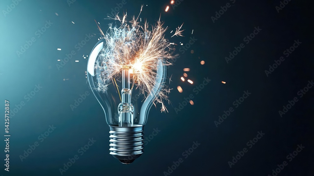Poster explosion of lightbulb with creativity and crash effect concept. a glowing light bulb emitting spark