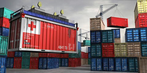 Fototapeta premium Cargo container with flag of Tonga lifted by crane at freight terminal - 3D illustration