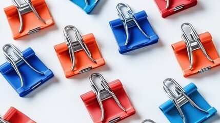 Colorful binder clips arranged in a repeating pattern on a white background.