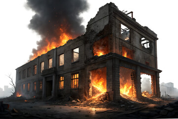 Burning building with smoke and flames during a destructive event