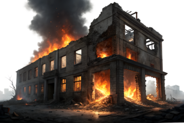 Burning building with smoke and flames during a destructive event