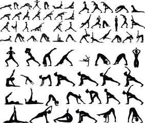 silhouette yoga poses, dynamic stretching figures, black and white illustration, minimalist fitness icons, sequence of exercise movements, flexibility demonstration, athletic body shapes, graphic desi