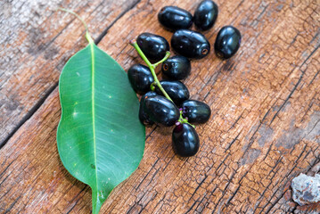Jambolan plum, Java plum, Jambul( Syzygium cumini (L.) Skeels. on wooden background