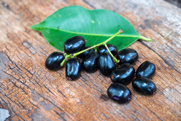 Jambolan plum, Java plum, Jambul( Syzygium cumini (L.) Skeels. on wooden background