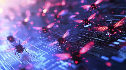 Digital bees swarm over glowing circuit board, creating vibrant and futuristic atmosphere filled with technology