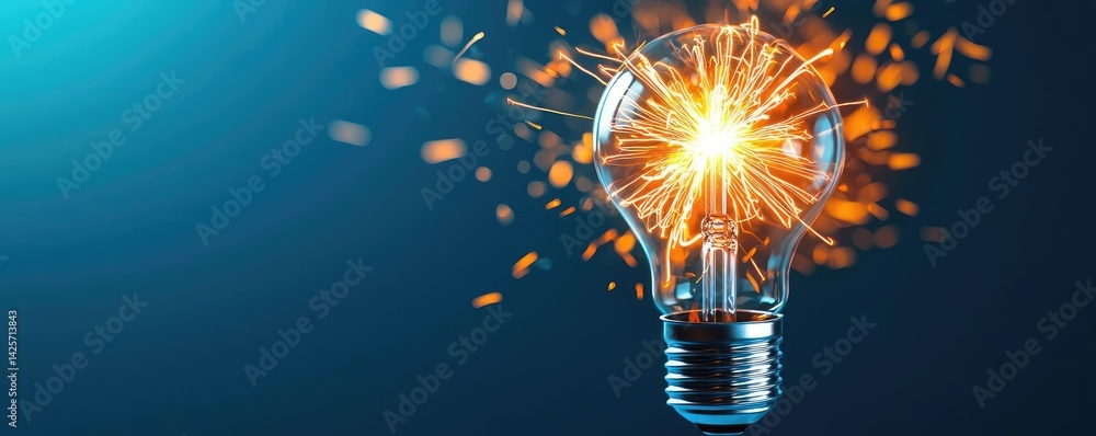 Poster explosion of lightbulb with creativity and crash effect concept. illuminating light bulb with sparks