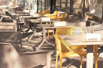 A street cafe before opening early in the morning.