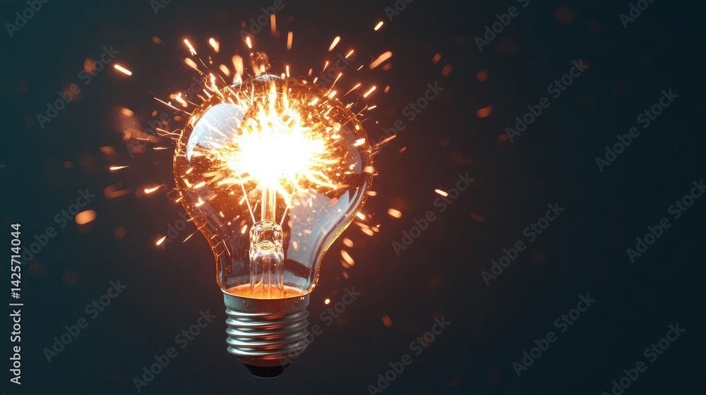 Poster explosion of lightbulb with conceptual creativity crash concept. a glowing light bulb surrounded by 