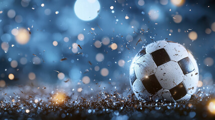 Naklejka premium dynamic soccer ball splashes through water droplets, creating energetic atmosphere filled with excitement and motion