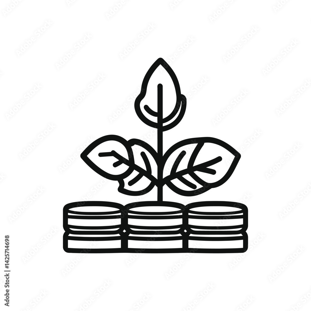 Poster simple outline icon of money stack with leaf sprout on transparent background