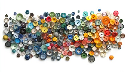 Colorful collection of assorted buttons scattered on white background.