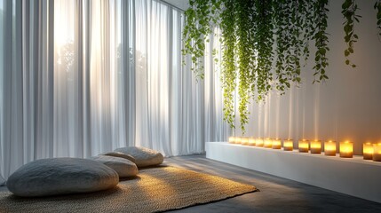 A tranquil meditation room decorated with floor-to-ceiling sheer curtains gently moving in the breeze