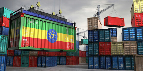 Fototapeta premium Cargo container with flag of Ethiopia lifted by crane at freight terminal - 3D illustration