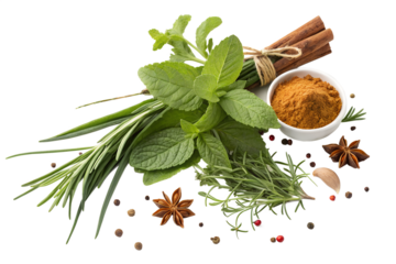 Mix of fresh herbs and spices with cinnamon sticks and powder