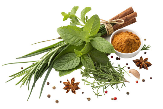Mix of fresh herbs and spices with cinnamon sticks and powder