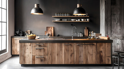 Industrial Scandinavian kitchen with raw textures, modern lighting, and warm wood tones blending seamlessly