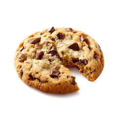 A delicious chocolate chip cookie with a bite taken out, isolated on a clean white background