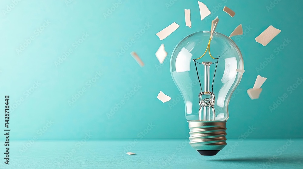 Poster explosion of lightbulb with conceptual creativity crash concept. a glowing light bulb with broken pi