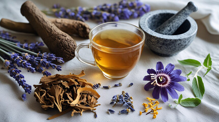 Natural sleep aids: valerian root, lavender flowers, passionflower tea, transparent cup, mortar and pestle on linen background, perfect for Somnology and Sleep Medicine