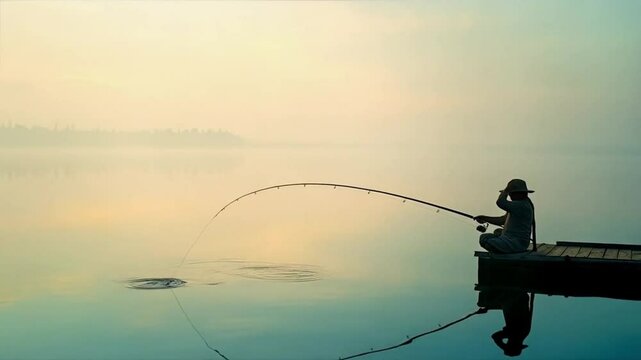 A fisherman patiently waits as silver waves shimmer, hoping for the perfect catch beneath sunset skies. 
