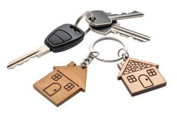 Brass house keychain with car keys on clear background