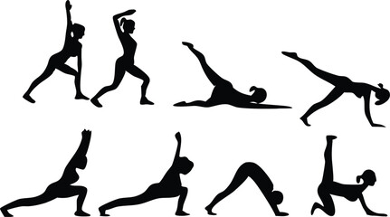 silhouette yoga poses, dynamic stretching figures, black and white illustration, minimalist fitness icons, sequence of exercise movements, flexibility demonstration, athletic body shapes, graphic desi