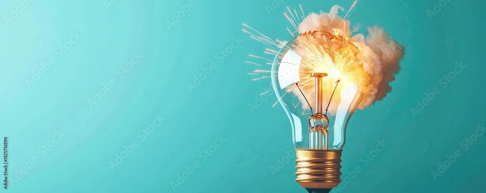 Poster explosion of lightbulb in electric filament destruction concept. a light bulb exploding in vibrant c