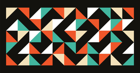 Retro geometric banner with triangle shapes, abstract pattern. Brutal contemporary figures in seamless tiles. Swiss design aesthetic, vector illustrations.