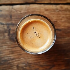 Espresso in a clear glass on a wooden table
