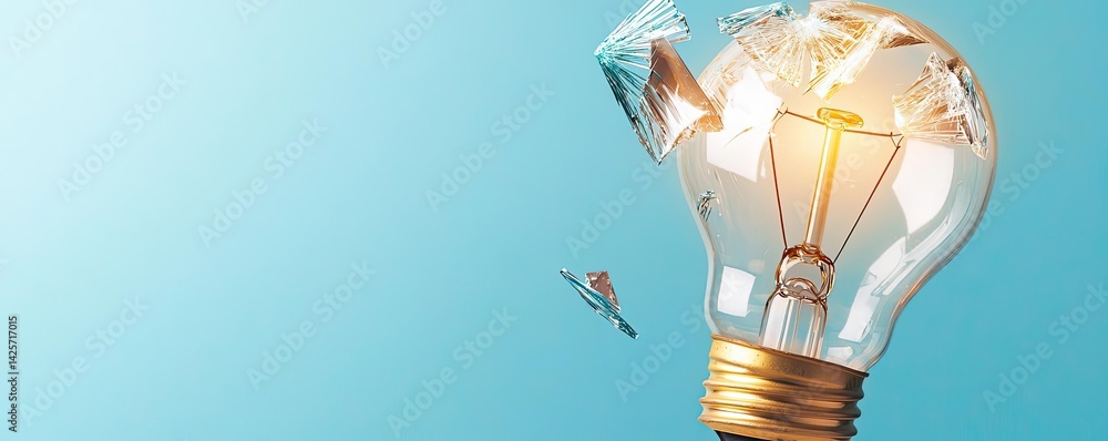 Poster explosion of lightbulb with creativity and crash effect concept. a shattered lightbulb with glowing 