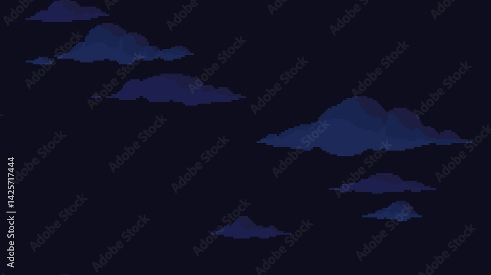 Poster pixel art clouds floating vertically on night sky background. seamless looping animation. animated c
