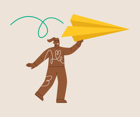 Woman throwing a big paper plane. Start new concept. Colorful vector illustration